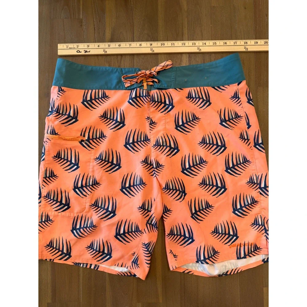 Patagonia Mens Board Shorts 33 Orange Blue‎ Palm Leaf Print Swim Trunks